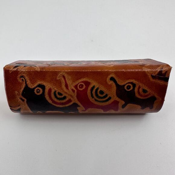 Vtg Leather Lipstick Holder Case 3Elephants w/Mirror Snap Closure Printed Tribal - Picture 5 of 7